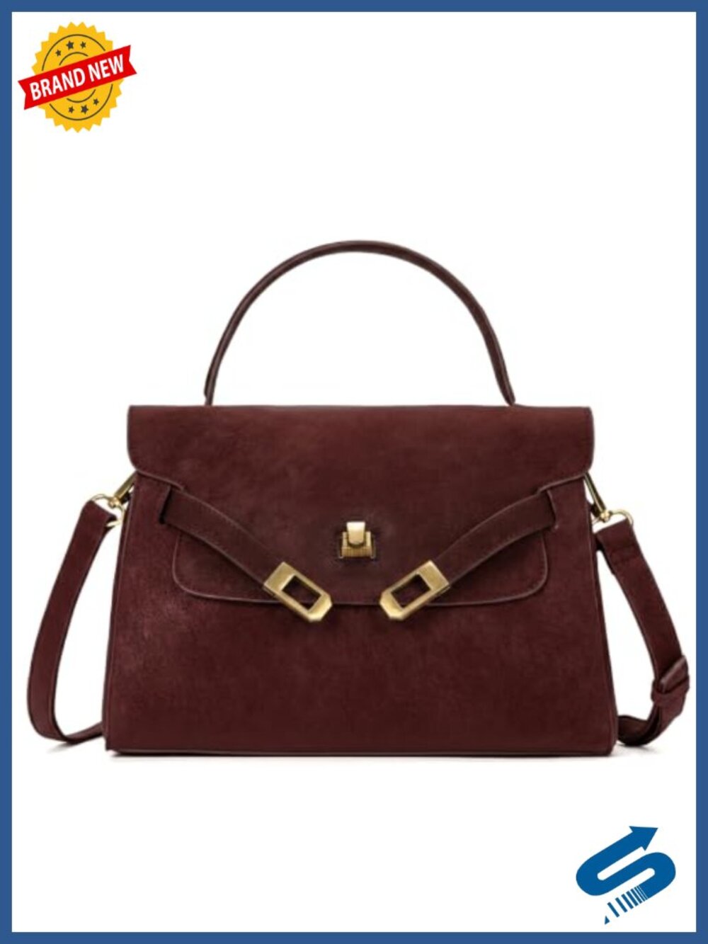 Suede Top Handle Shoulder Bag with Gold-Tone Lock, Vintage Purse for Work &